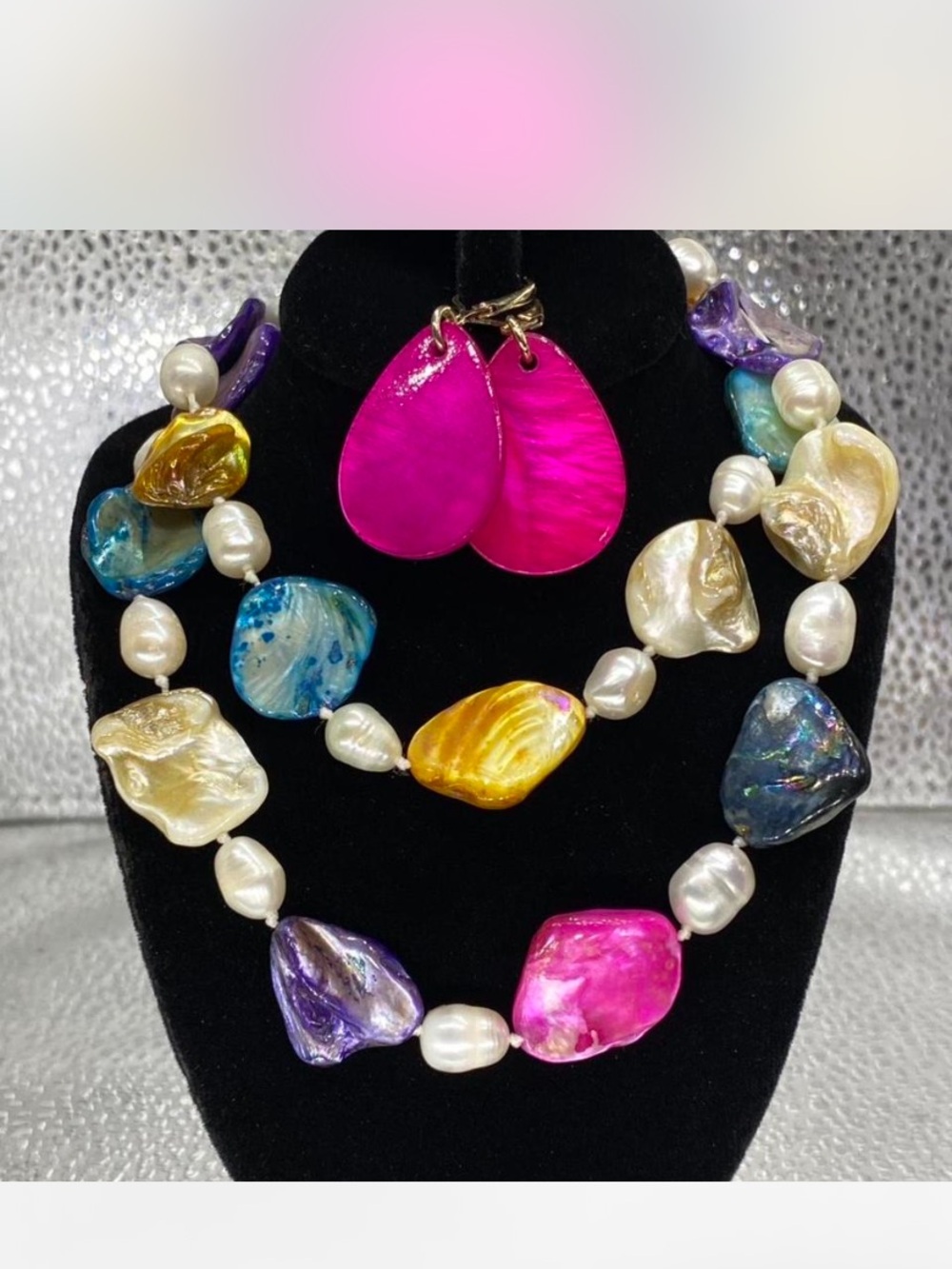 *** Albalone ^*^  Multicolor Shell / Pearl Statement Necklace / Shell Earrings - Picture 2 of 7